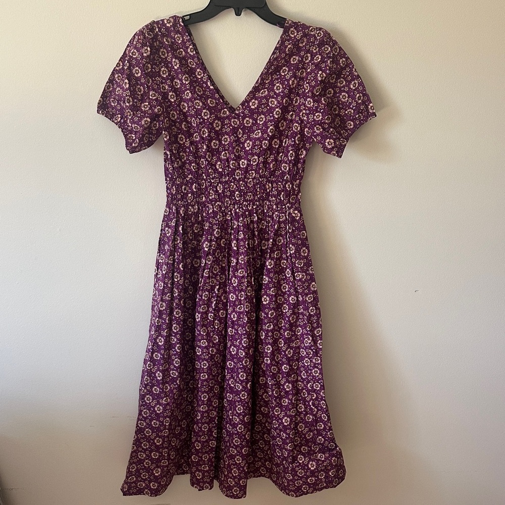 J. Crew Purple Floral V-Neck Smocked Waist Midi Dress
